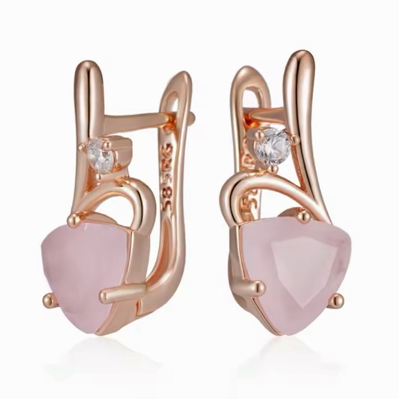 Beautiful Rose Gold 585RG Pink Natural Gem Zircon Heart Design Earrings - Picture 6 of 9